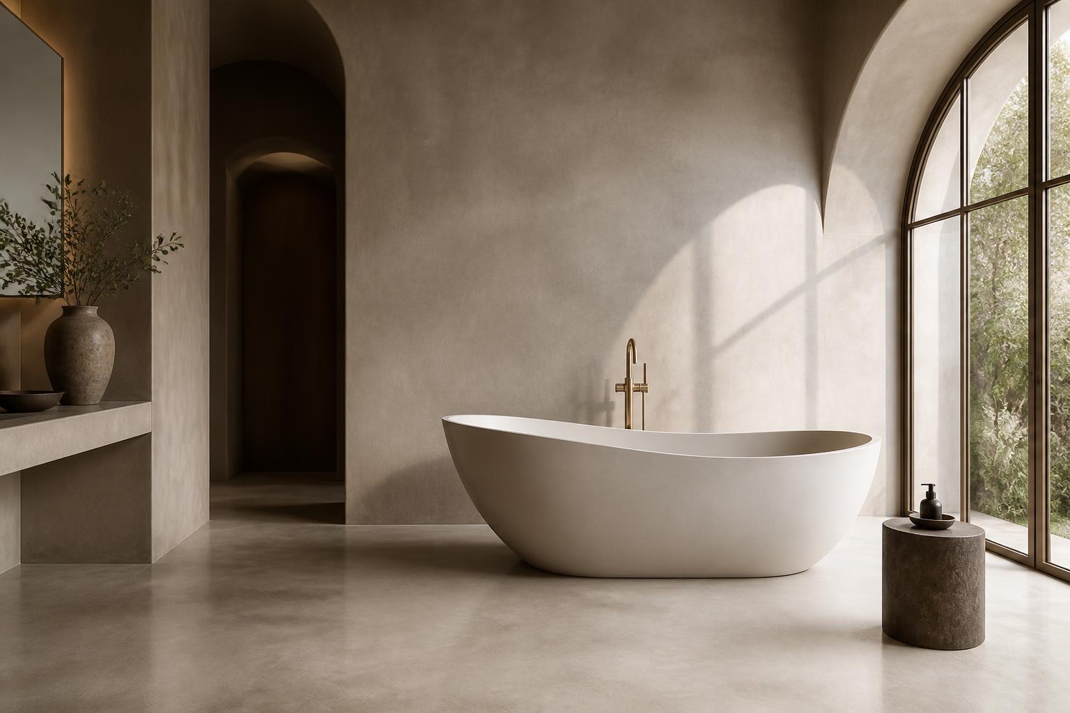 Seamless microcement bathroom in warm taupe with freestanding bath, Cornwall